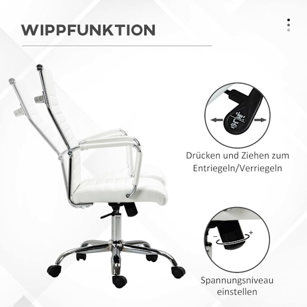 Kontorstol med vippefunktion, stålfødder, ergonomiske, 360° drejelige hjul, imiteret læder, bæreevne 120 kg, 54 x 62 x 104-114 cm, hvid