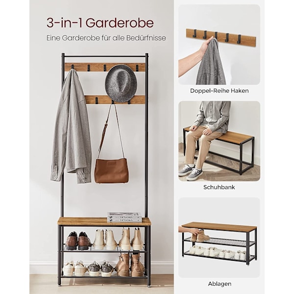 Tyylikäs Entryway-takkiteline, jossa on penkki ja kenkäteline