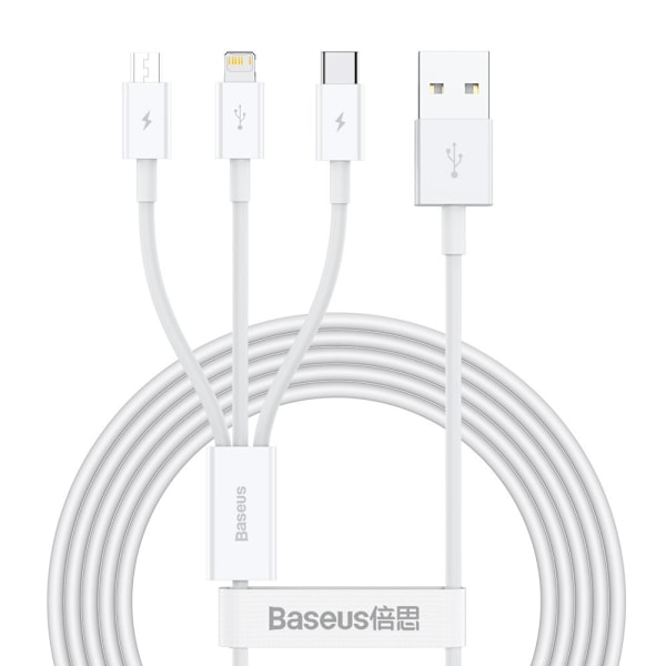 Erinomainen 3in1 USB-kaapeli Iphone Lightning USB-C microUSB 3,5 A 1,5 m valkoinen