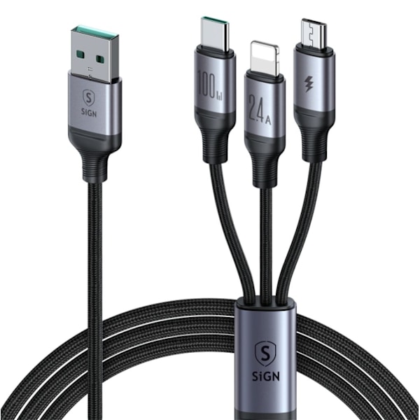 SiGN 3-in-1 USB-A Lightningiin, USB-C, Micro-USB, 100 W, 1,2 m - musta