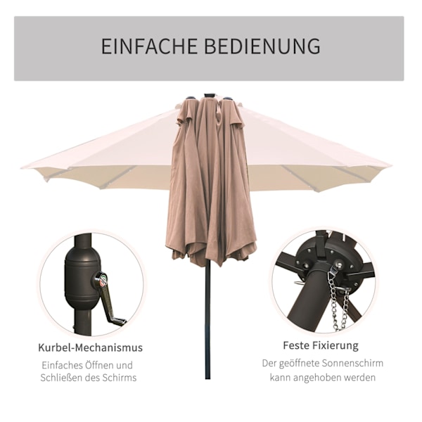 Aurinkovarjo LED-kaksoisvarjolla 440 x 260 cm puutarhasateenvarjo patio sateenvarjo iso soikea käsikammalla ja metallirungolla khaki