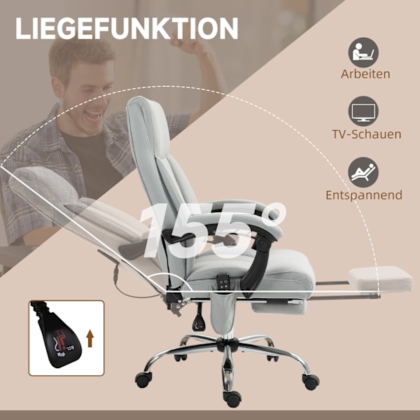 Massagekontorstol med lænefunktion, ergonomisk skrivebordsstol, højdejusterbar, direktionsstol med fodstøtte, lysegrå