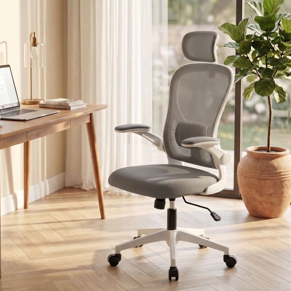 Ergonomisk kontorstol, net, opklappelige armlæn, grå