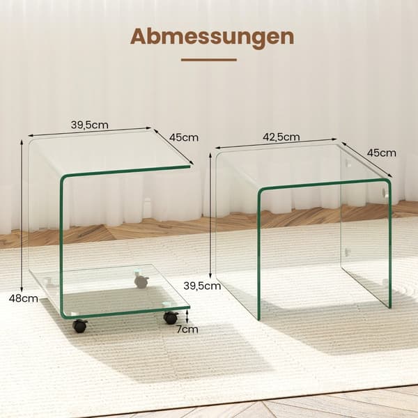 C-format sidobord i härdat glas med hjul