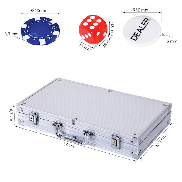 Poker Case Setti 300 Pelimerkkiä 2 Korttipeliä 5 Noppaa Alumiinikoteloa Polystyreeniä Casino Nights 38X20.5X6.5Cm