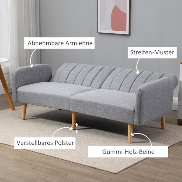 Bäddsoffa, 2-sits soffa med sovfunktion, justerbart ryggstöd, tjockt vadderad soffa, armstöd, bäddsoffa med träben för vardagsrum, gästrum, 173 x 75 x