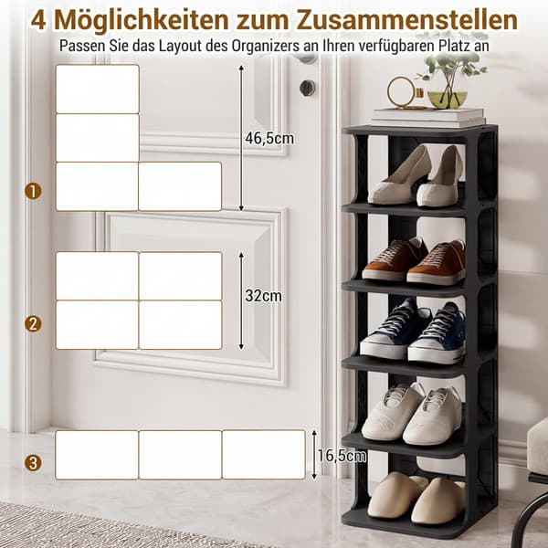 Stabelbar skohylde med 6 niveauer, sort, vertikal organizer