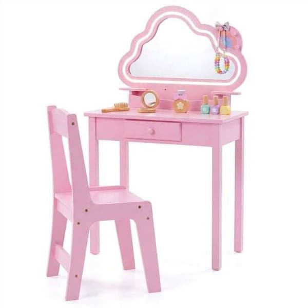 Barnmöbelset med LED-molnspegel och pall - Rosa