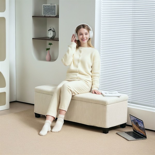 Bænk med opbevaringsplads, polstret bænk med ledningslook, kiste med stålben, kistebænk til stue, soveværelse, entre 112 x 42 x 40 cm, beige Aosom