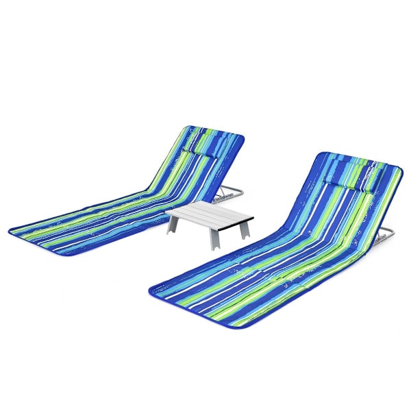 2 x Strandmatta med Sidobord Justerbar Solstolsset 151 x 55,5 x 27-47 Blå + Grön