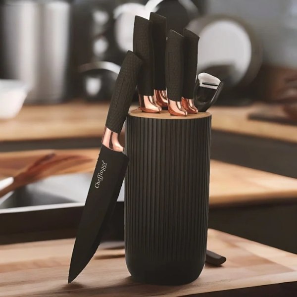 Cheffinger CF-KB01: 7-osainen veitsisarja - musta ruusukultaisella reunuksella