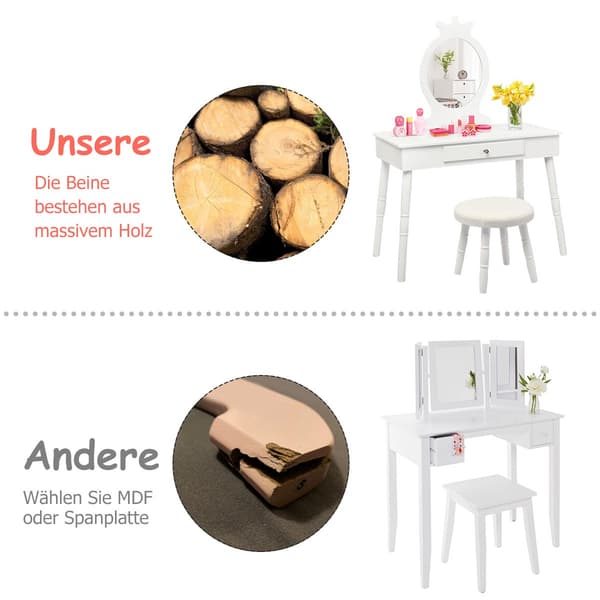 Barnens sminkbordsset med pall, spegel, låda, vit
