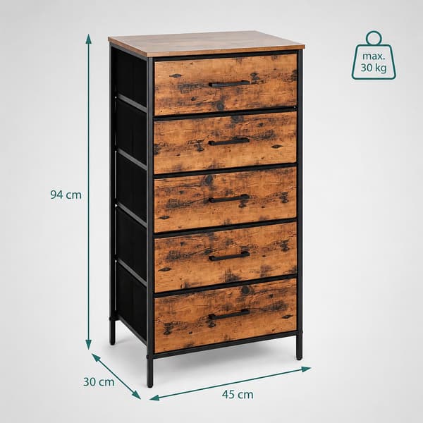 Industriel sort kommode med 5 stofskuffer, 94x45x30 cm