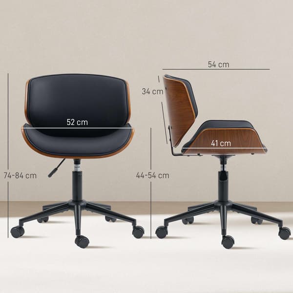 Mid-Century Modern kontorstol i kunstlæder, ergonomisk, sort