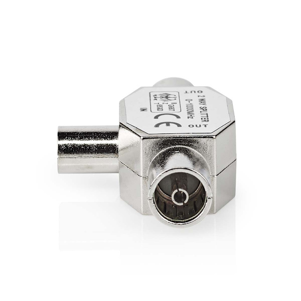 Satellit & Antenne adapter | IEC (Coax) Han | 2x Coax Hun | Nikkelplateret | 75 Ohm | T-Splitter | Metal | Sølv | 1 stk. | Box