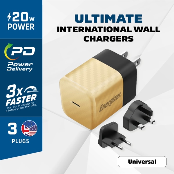 Energizer Ultimate - Multiplug EU / UK / US GaN 20 W PD verkkovirtalaturi (kulta)