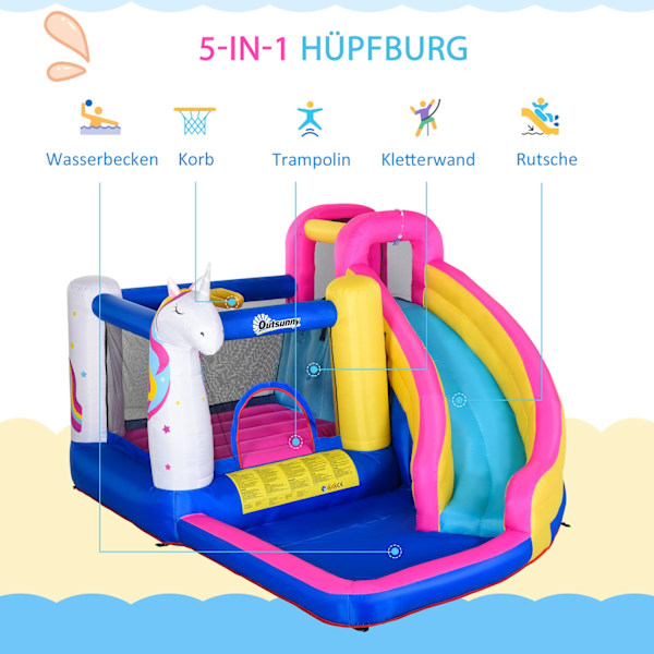 Hoppeborg Med Blæser Rutschebane Til 4 Børn Oppustelig Hoppeborg I 3-8 År Børn Udendørs Vandland Oxford Polyester Stof