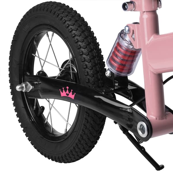 12" lyserød løbecykel med affjedring og stativ