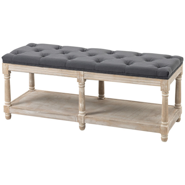 Skobänk med sits, skoställ med förvaringsutrymme, vadderad bänk med träben, linnelook, grå, 115 x 40 x 48 cm