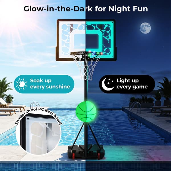 Poolbasketballkurv med LED-lys, justerbar kant, sort