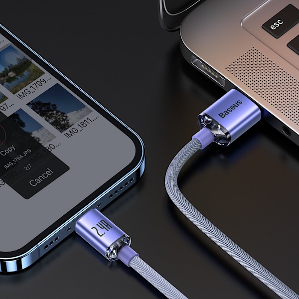 Kabel til hurtig opladning og dataoverførsel USB Iphone Lightning 2,4A 1,2m lilla