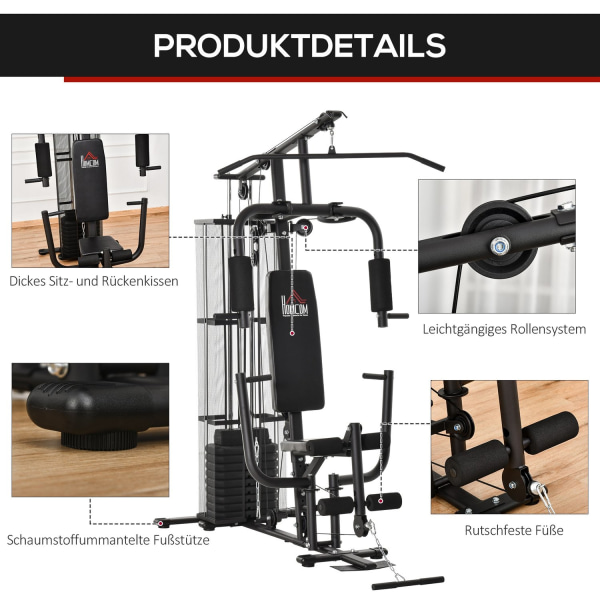Gym Multigym Fitnessstation Multigym Med Vægte, Lat Pull-Down & Leg Curl, Metal & Pu Syntetisk Læder, Sort