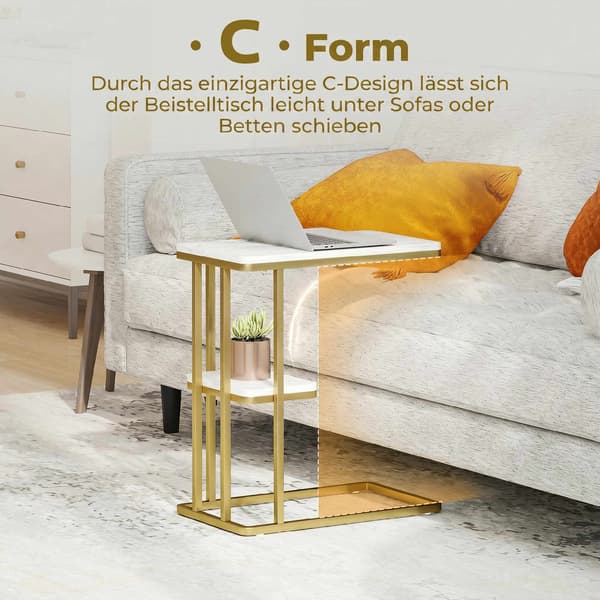 C-format sidobord med förvaring, marmorlook, guldram