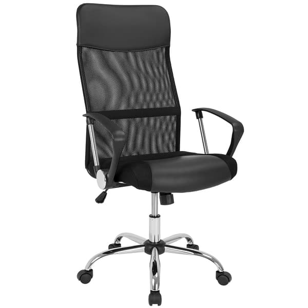 Ergonomisk sort kontorstol, net og PU-læder, høj ryg