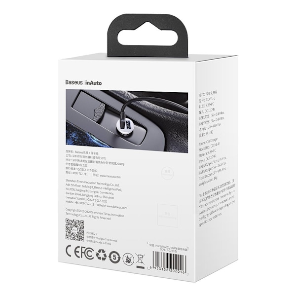 Grain Pro 2x USB 4.8A biloplader til cigarettænderudtag, hvid
