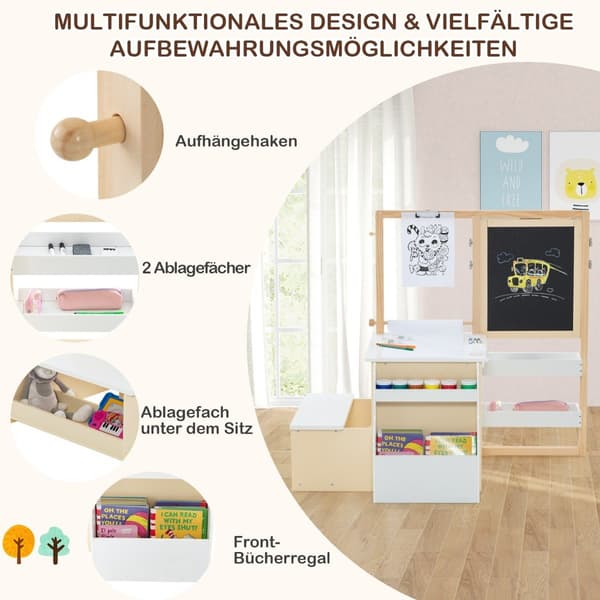 Lasten puinen maalausteline, jossa liitutaulu ja taulu