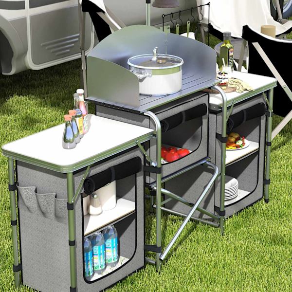 Camping Kitchen Kokoontaitettava Keittiö Tuulensuoja 3 Kaappia 3 Työtasoa Säädettävä Valoteline Camping Garden Alumiini Oxford Harmaa