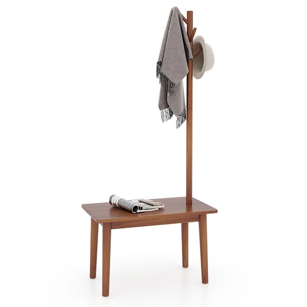 3 i 1 sidebord lavet af knagerække i massivt træ med skobænk 76 x 43 x 168 cm brun