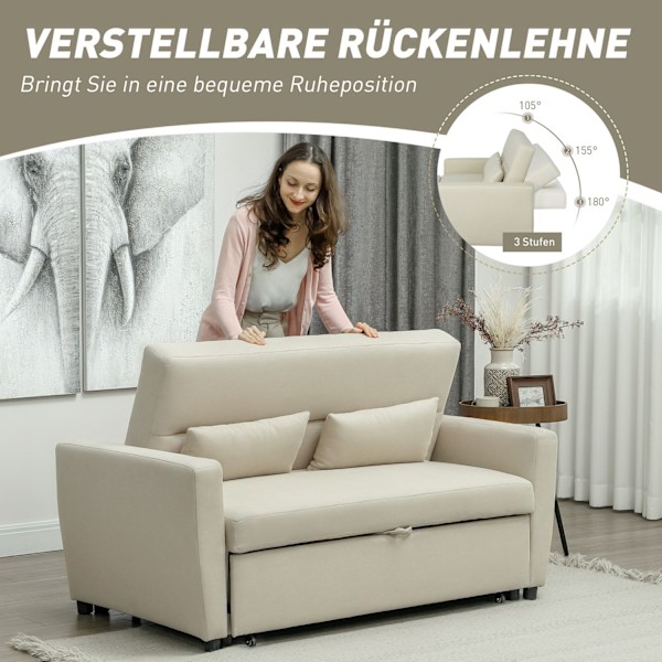 Sovesofa, 2-personers sofa med sovefunktion, justerbart ryglæn, sofa med hynder, fløjlslook, sovesofa med sengeboks til stue, gæsteværelse, beige