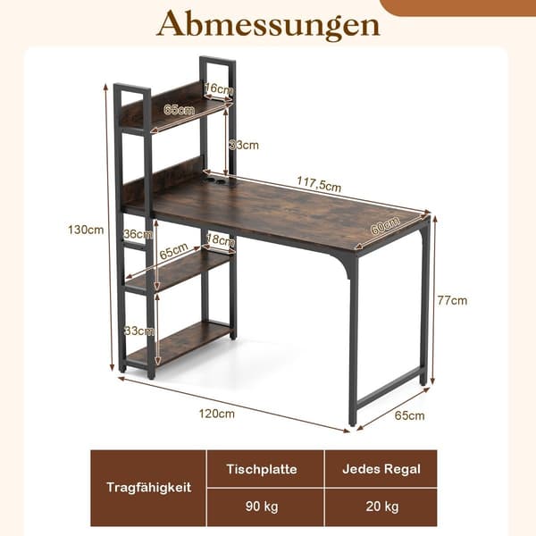 Computerbord med ladestation og bogreol, brun