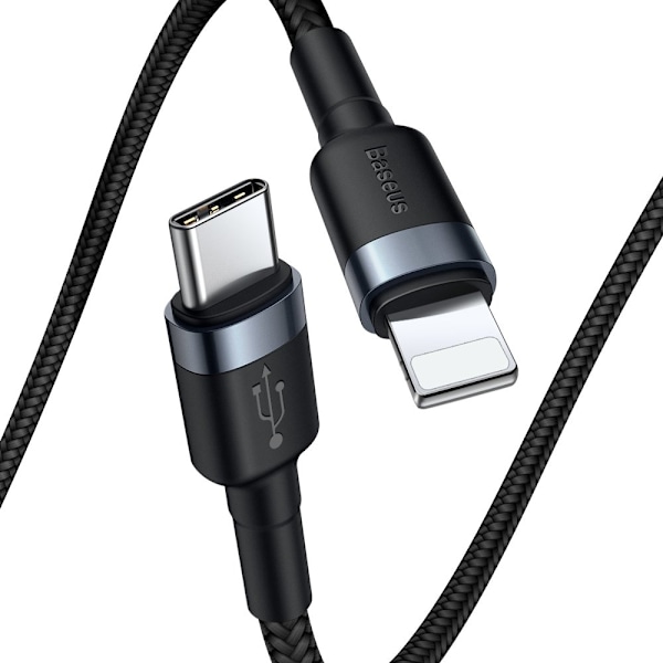 Slitstark nylon USB-C PD-kabel Iphone Lightning 18W QC3.0 1m svart-grå
