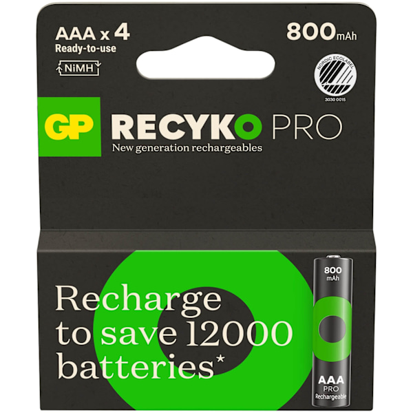 GP Recyko Pro NiMH-batteri AAA HR03 800mAh 4-pak