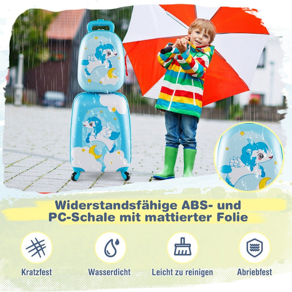 2-delad barnresväska + ryggsäck av plast barnvagn barnbagage 12" + 16" blå enhörning