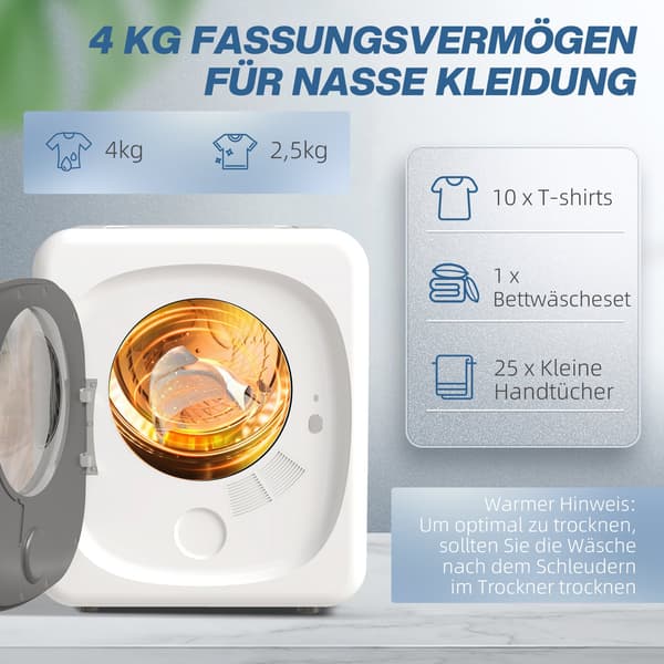 Kompakt tørretumbler, 4 kg kapacitet, 5 tilstande, timer