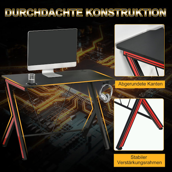 Gaming Bordskrivebord Med Hovedtelefonkrog Og Kopholder, Stål + Mdf, Sort, 105X55X75Cm