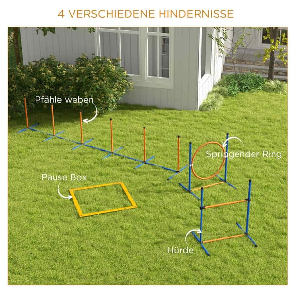 Dog Agility Set, set om 4 hundträning med höj- och sänkbara agility häckar, flätade stavar, breakbox, hoppring, häckset