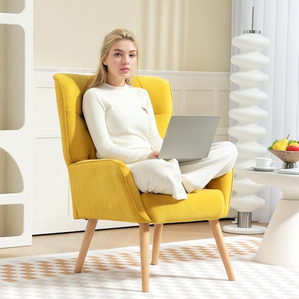Lænestol Stue Lounge Stol Afslapningsstol med træben Læsestol med Velvet Look Polstret Stol til Soveværelse Gul