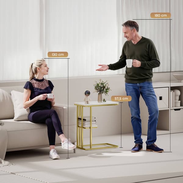 C-format sidobord med förvaring, marmorlook, guldram