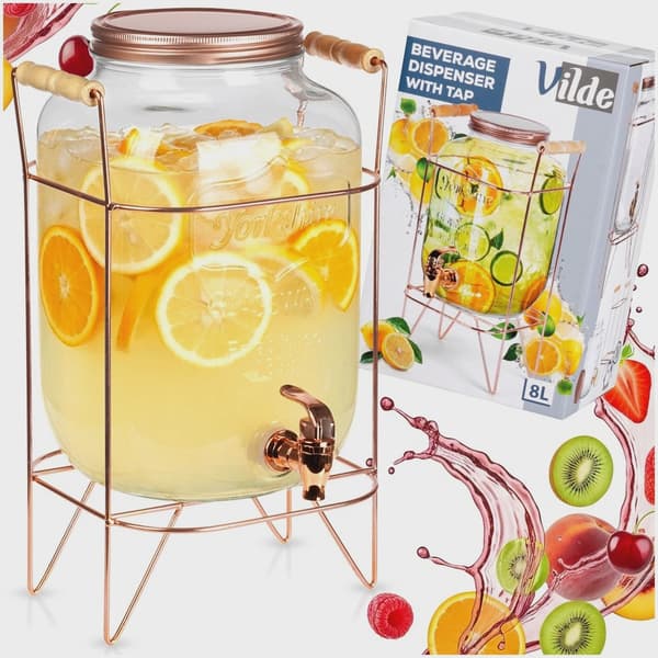 Drikkevaredispenser med hane og stativ, 8L glas
