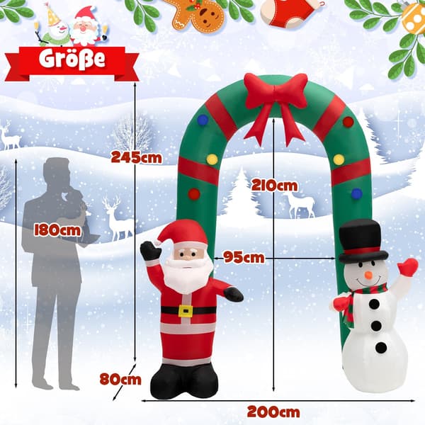 Uppblåsbar julbåge med tomte och snögubbe, 245 cm