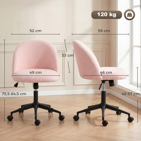 Drejelig kontorstol, lyserød teddyfleece, højdejusterbar