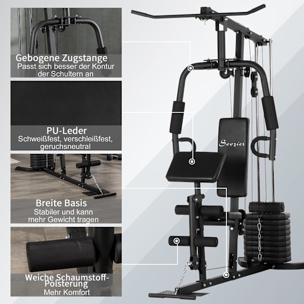 Multigym Fitness Station Med Lat Pull-Down Og Butterfly Bar Og 45 Kg Vægt Styrketræning Stål Imiteret Læder Sort 180 X 108 X 200 Cm
