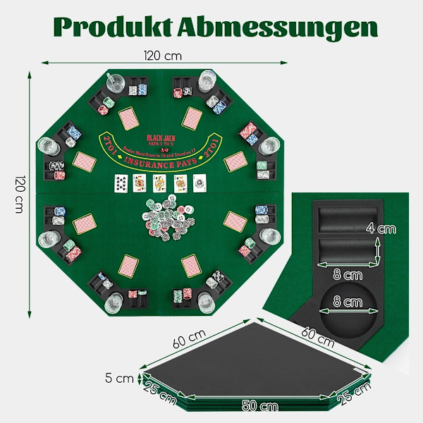 Pokermåtte 120 x 120 cm Texas Holdem pokerborddæksel foldbart til 8 spillere med drikkeholdere grønne