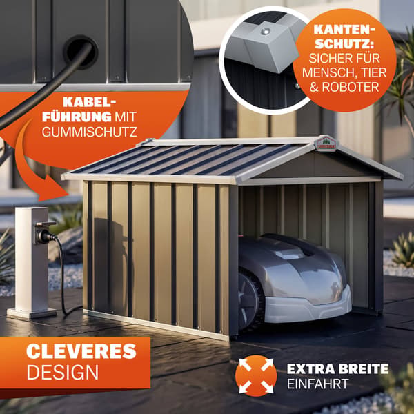 Robotgräsklippargarage, antracitfärgad metall, sadeltak