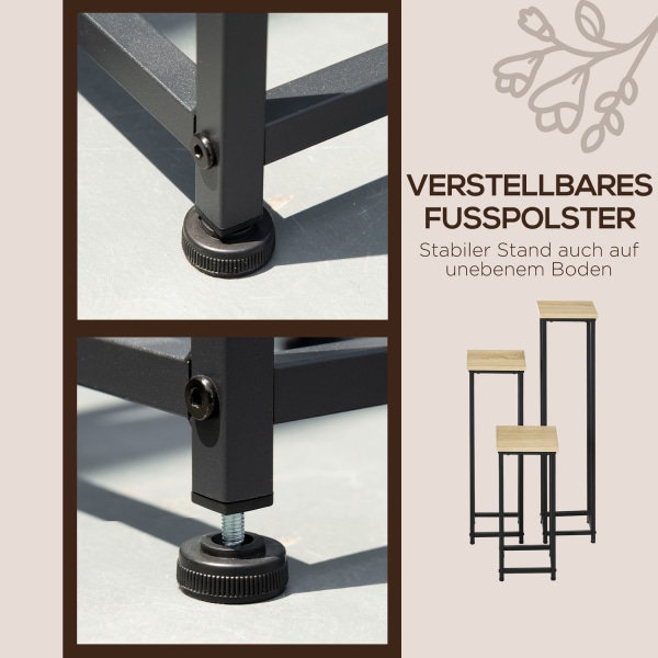Plant Set 3-Osainen Kukkajakkara Ja Kukkaruukkuteline Teräksestä, Musta + Luonnollinen