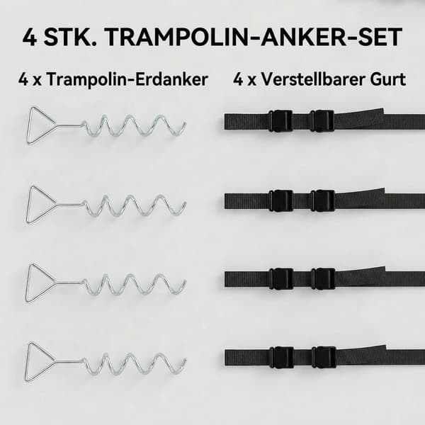 Studsmattaankare, 4 spiralpinnar, justerbara remmar